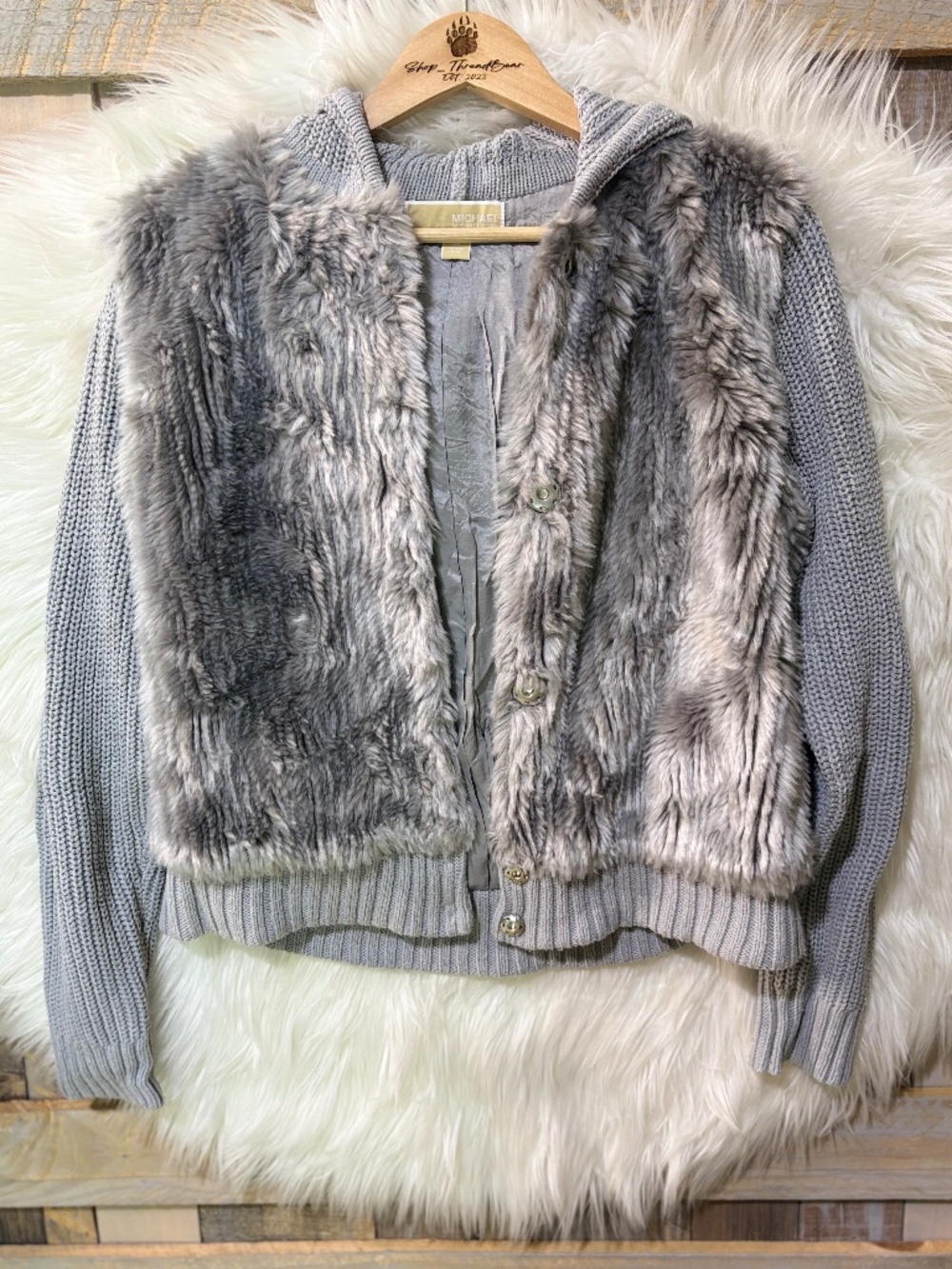 Like New [Michael Kors] Silver Gray Grey Faux Fur Hooded Sweater Jacket | Medium - Picture 14 of 15